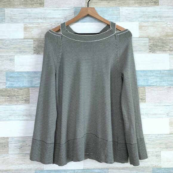 LOFT Striped Cutout Swing Sweater Gray White Flared Sleeves Ribbed Womens Medium - Picture 2 of 11